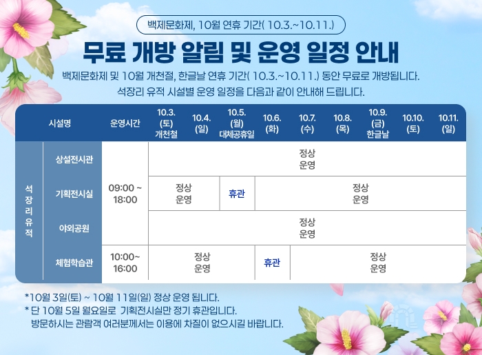 백제문화제, 10월 연휴 기간( 10.3.~10.11.)
무료 개방 알림 및 운영 일정 안내
백제문화제 및 10월 개천절, 한글날 연휴 기간( 10.3.~10.11.) 동안 무료로 개방됩니다.
석장리 유적 시설별 운영 일정을 다음과 같이 안내해 드립니다.

시설명 운영시간 10.3.(토) 개천절 10.4.(일) 10.5.(월) 대체공휴일 10.6.(화) 10.7.(수) 10.8.(목) 10.9.(금) 한글날 10.10.(토) 10.11.(일)
석장리 유적
상설전시관 09:00 ~ 18:00 정상 운영
기획전시실 09:00 ~ 18:00 정상 운영 휴관 정상 운영
야외공원 09:00 ~ 18:00 정상 운영
체험학습관 10:00 ~ 16:00 정상 운영

*10월 3일(토) ~ 10월 11일(일) 정상 운영 됩니다.
* 단 10월 5일 월요일로 기획전시실만 정기 휴관입니다.
방문하시는 관람객 여러분께서는 이용에 차질이 없으시길 바랍니다.
